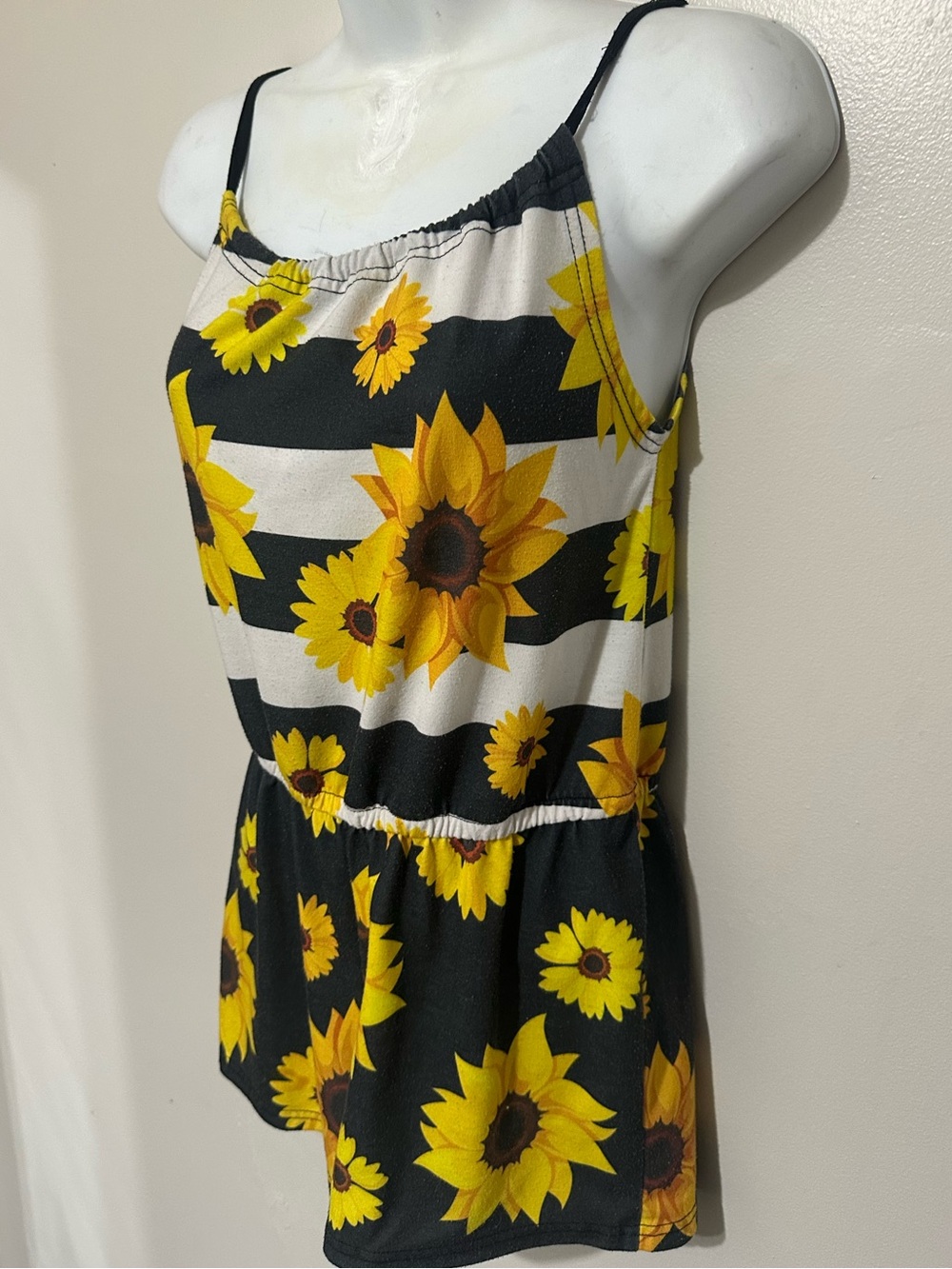 Sunshine Swing Girls Sunflower Tank Top • Black & White Stripes